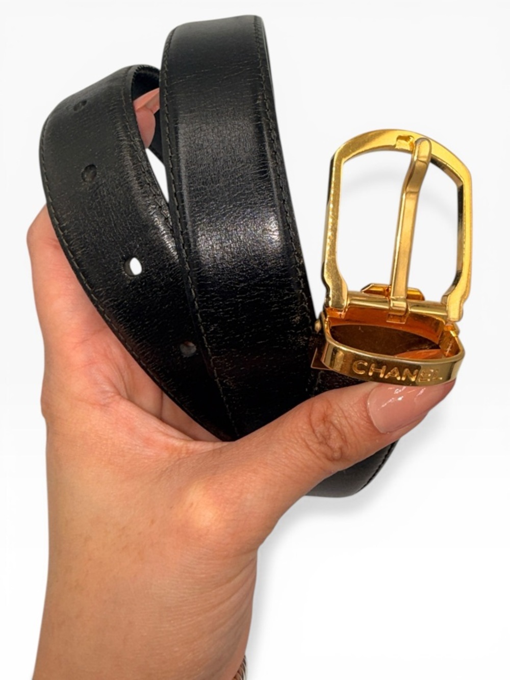 Chanel Black Leather Belt Gold Buckle Logo Waist Belt Authenticated - Picture 3 of 16